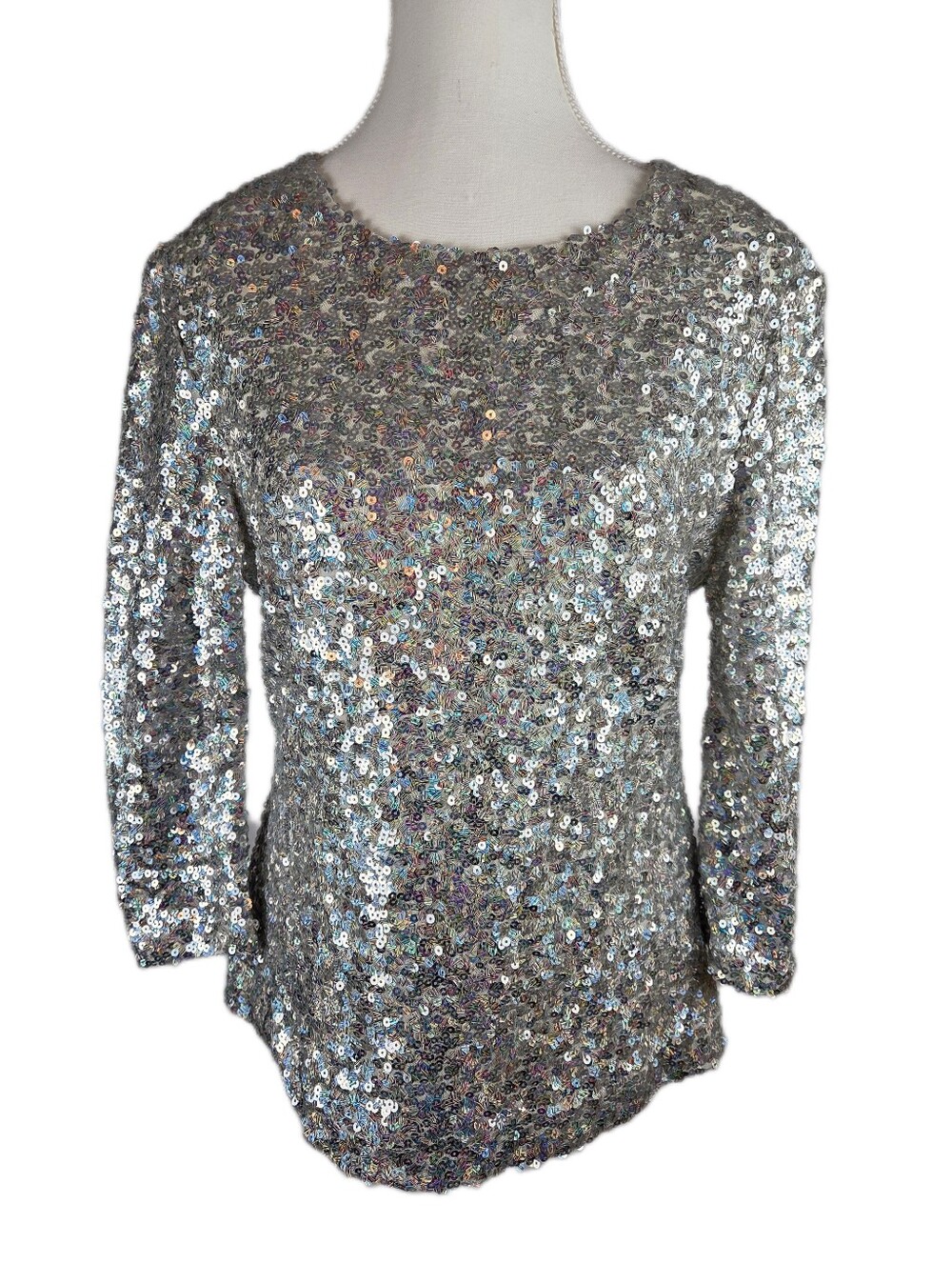 French Connection Silver Sequin Long Sleeve Top